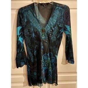 B.L.E.U. Teal Paisley Sheer Mesh Beaded Tunic Top 3/4 Bell Sleeve Small MF252L35